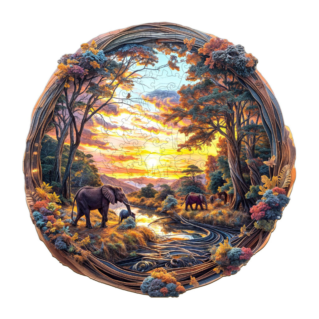 Wooden Jigsaw Puzzle-Elephant at Sunset 66d1b4ed9e9b2
