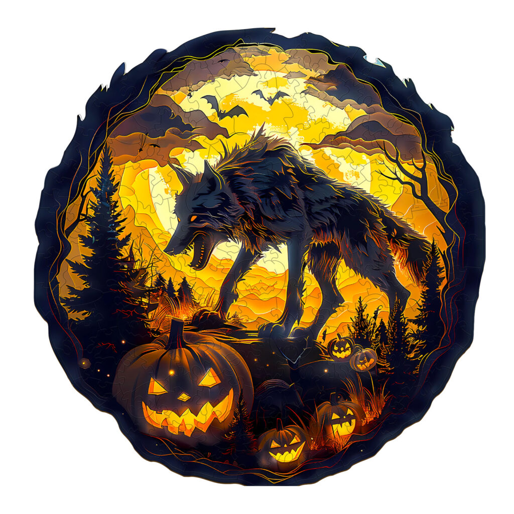 Wooden Jigsaw Puzzle-3D Halloween Wolf 66dcec791fdc6