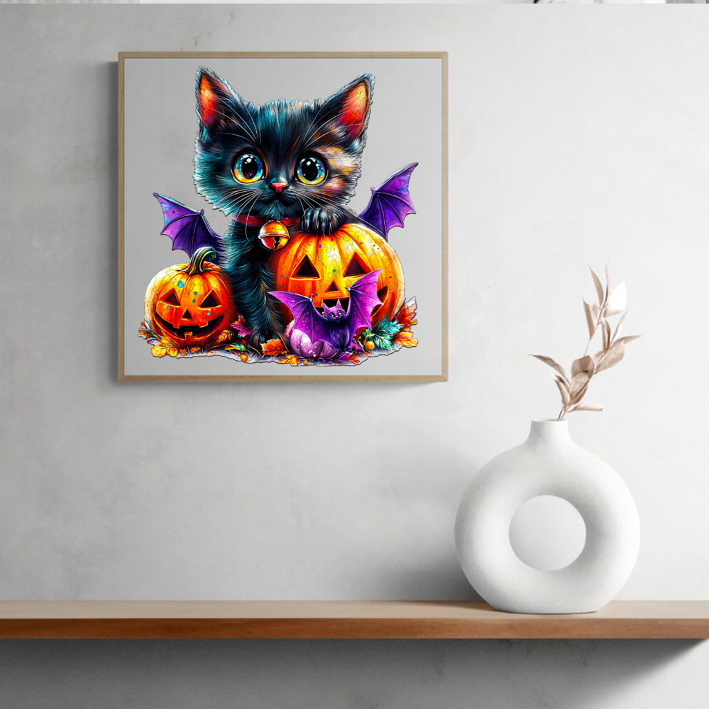 Enchanting Halloween Jigsaw Puzzle: Adorable Black Cat with Pumpkins and Bats 66dec2c0ec5ae