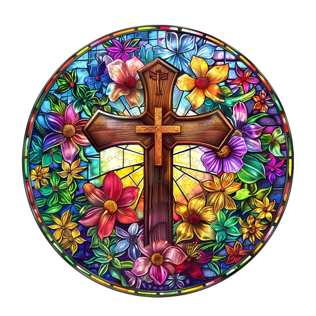 Wooden Jigsaw Puzzle – Stained Glass Cross 66ed66328db4a